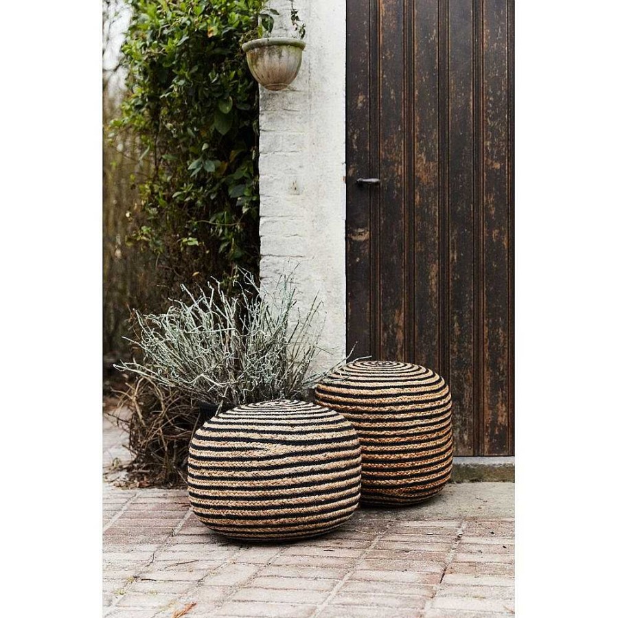 Pomax Bombay - Poef - Jute / Katoen - Dia 50 X H 35 Cm - Naturel/Zwart | Vloerkussens