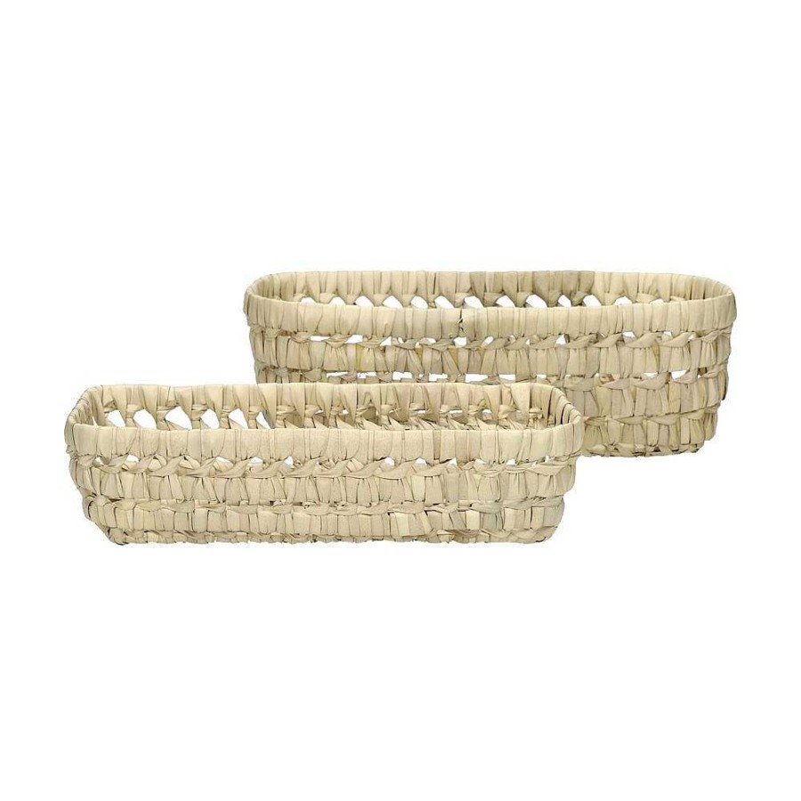 Pomax Campo - Set/2 Broodmandjes - Palm Blad / Riet - L 27/30 X W 12/15 X H 10 Cm - Naturel | Brood-, Servet- & Bestekmandjes