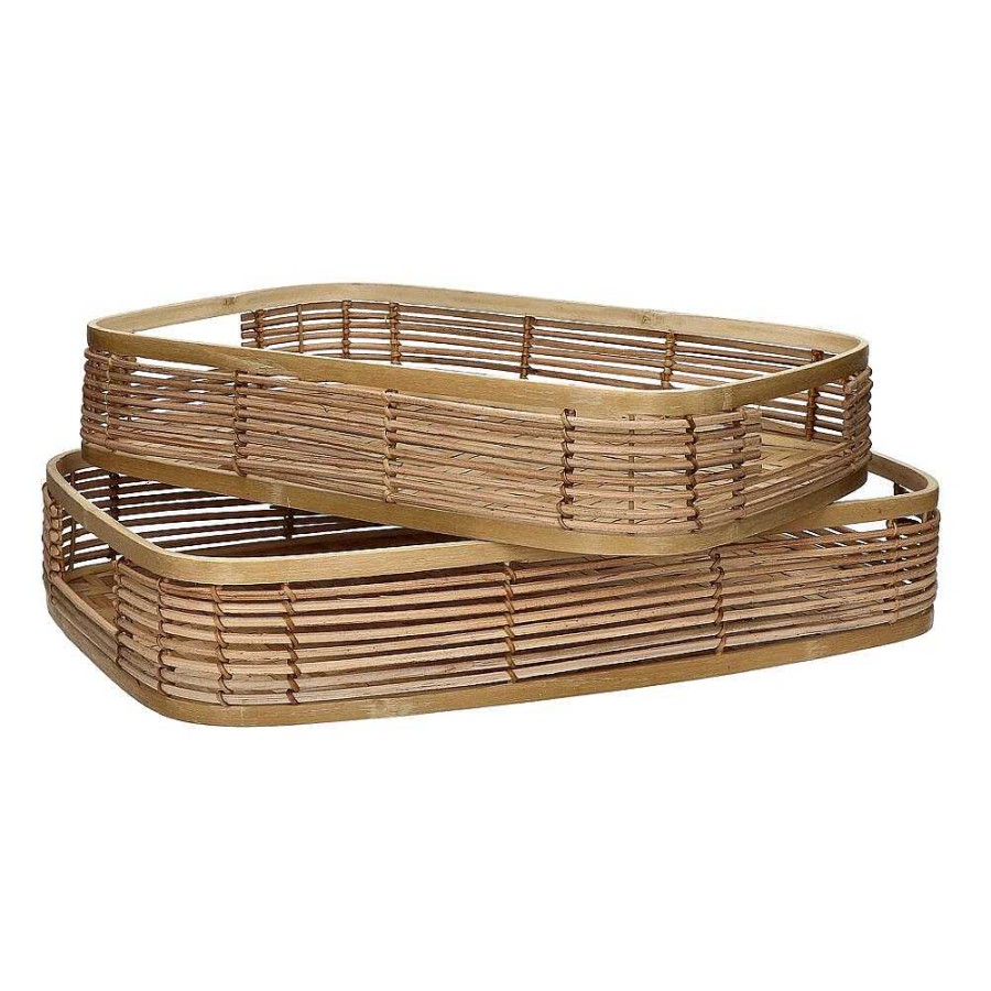 Pomax Osaka - Set/2 Dienbladen - Rotan / Bamboe - L 40/45 X W 26/30 X H 8/8 Cm - Naturel | Dienbladen