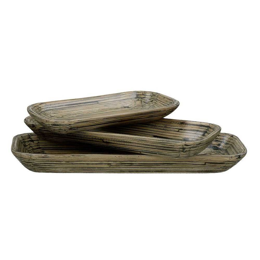 Pomax Rimbu - Set/3 Schalen - Bamboe - L 23/30/36 X W 11,5/12,5/13,5 X H 3/3,5/4 Cm - Naturel/Zwart | Schalen & Manden