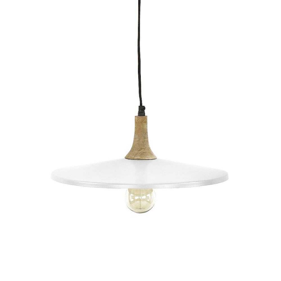 Pomax Brampton - Hanglamp - Metaal / Mangohout - Dia 40 X H 13 Cm - Wit | Hanglampen