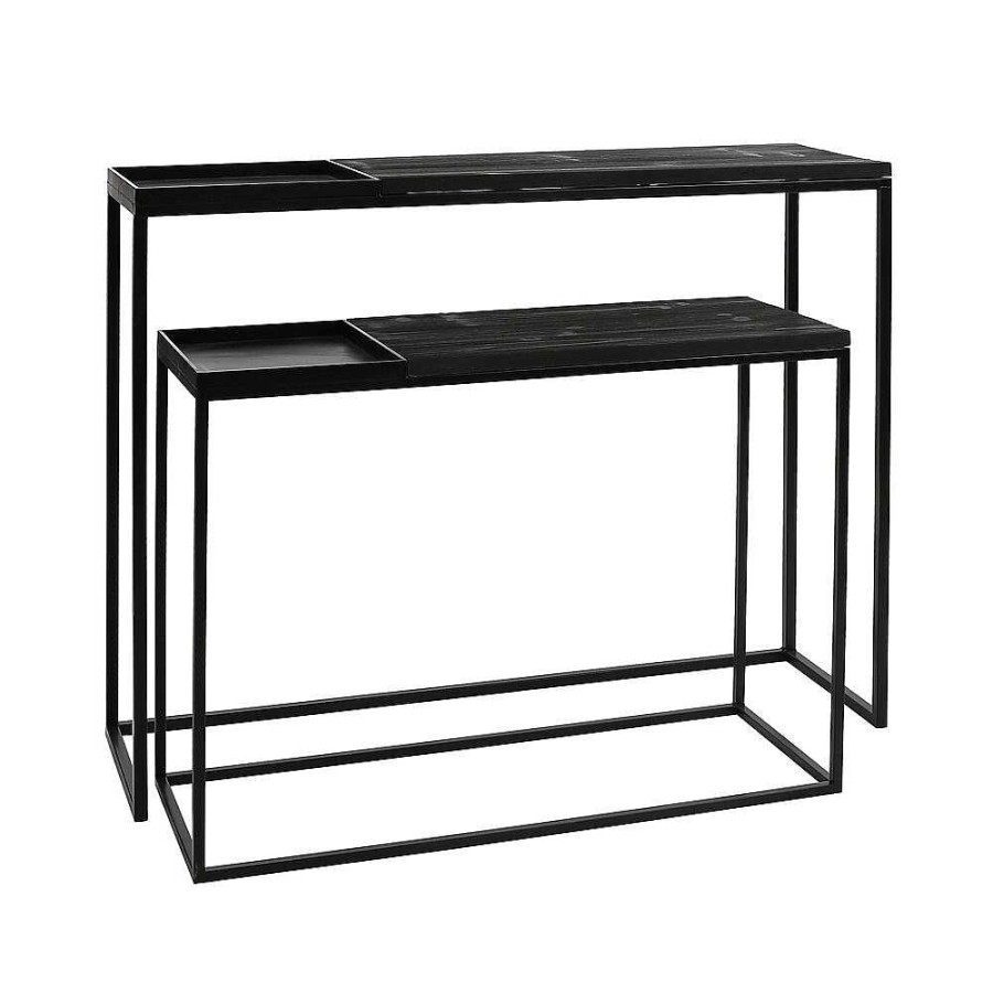 Pomax Sharon - Set/2 Console Meubels - Sparrenhout / Metaal - L 100/80 X W 30 X H 80/60 Cm - Zwart | Consoles