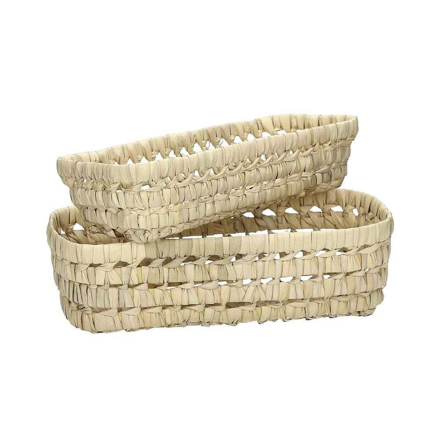 Pomax Campo - Set/2 Broodmandjes - Palm Blad / Riet - L 27/30 X W 12/15 X H 10 Cm - Naturel | Brood-, Servet- & Bestekmandjes