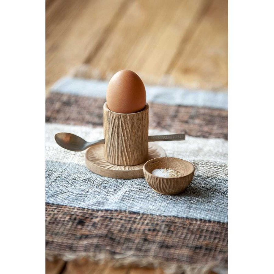 Pomax Kerf - Set/3 Eierdopje & Onderlegger & Mini Kruiden Kom - Mango Hout - - Dia 5/9/5,5 X H 6/0,7/2,5 Cm - Naturel | Accessoires