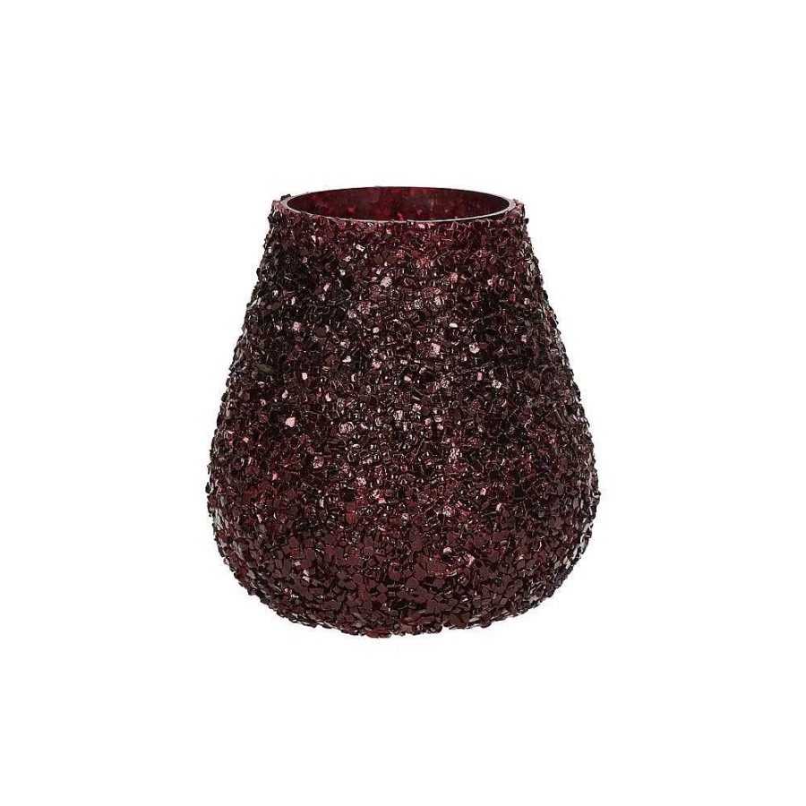 Pomax Pearl - Theelichthouder - Glas / Kralen - Dia 12 X H 12 Cm - Bordeaux | Windlichten / T-Lichten