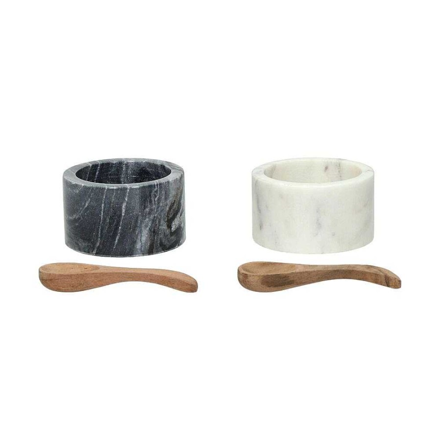 Pomax Marmar - Set/2 Peper & Zout Potjes - Marmer / Acacia Hout - Dia 7 X H 4 Cm - Mix Van Kleuren | Accessoires